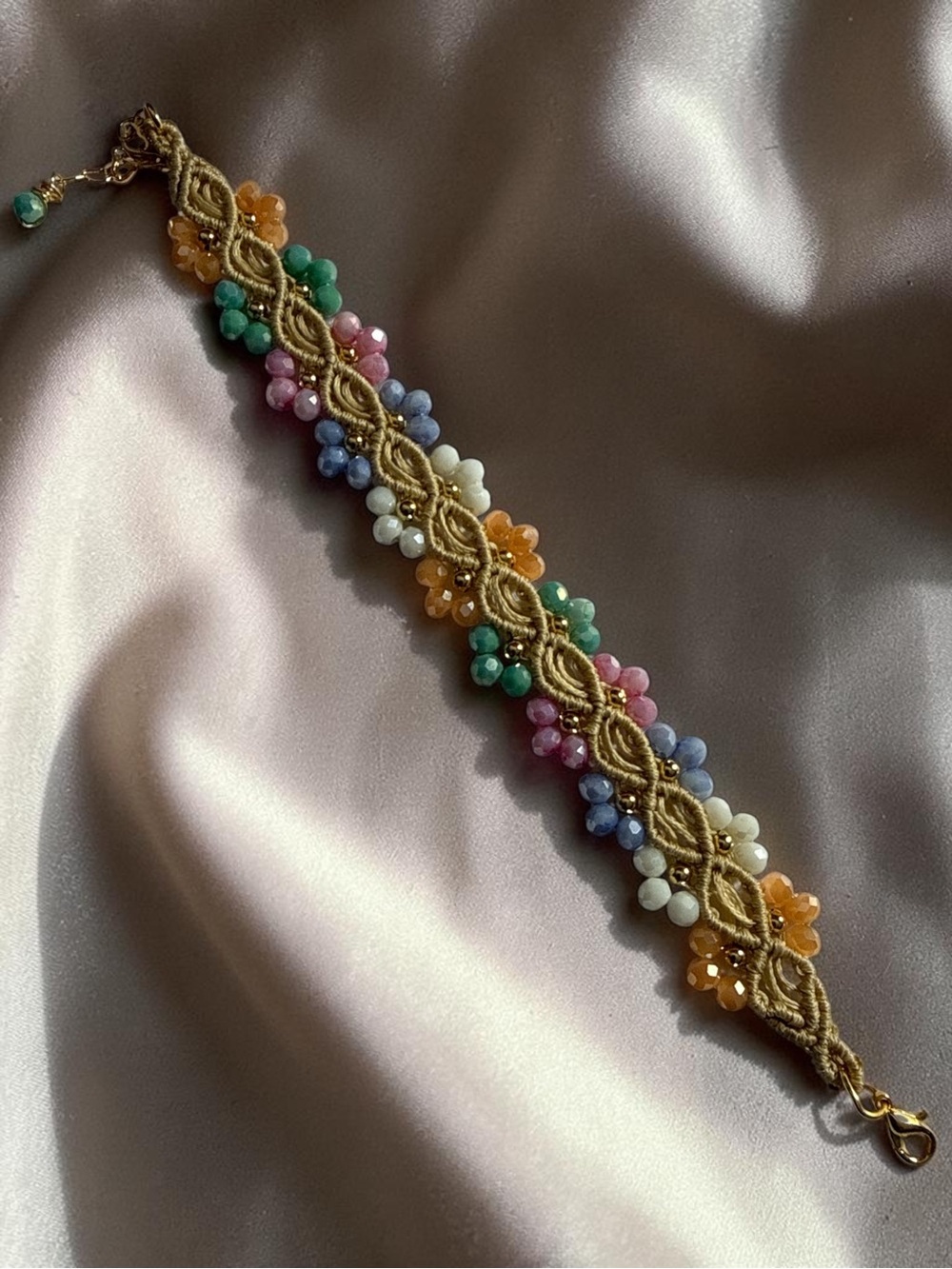 Multicolor Beaded Floral Macrame Bracelet - Gold Accent